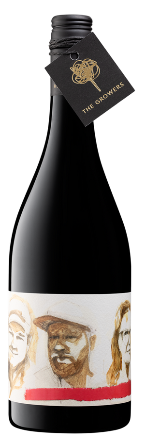 Wine bottle with a label featuring three faces and a black cap on a white background