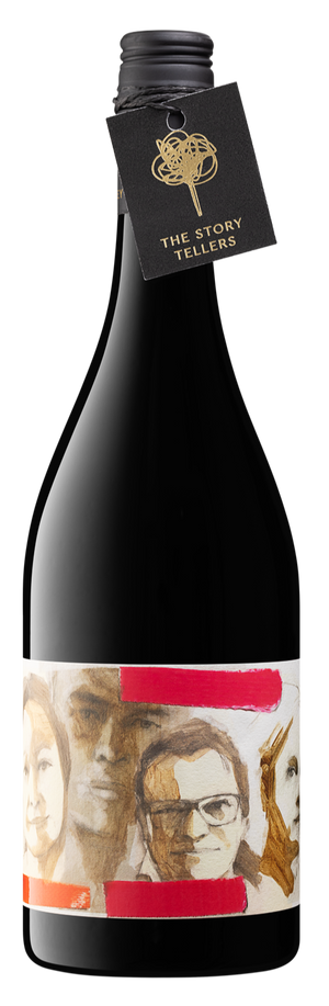 Wine bottle with a label featuring artistic designs on a white background