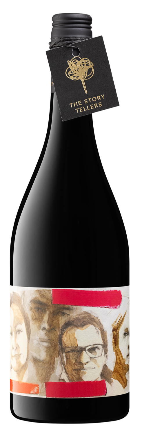 Wine bottle with a label featuring artistic designs on a white background