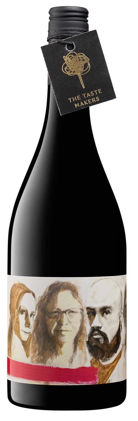Wine bottle with a label featuring four faces and a 'The Taste Maker' tag on a white background