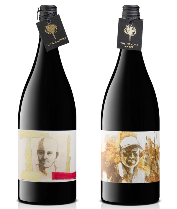 Two wine bottles with labels featuring images of people on a white background