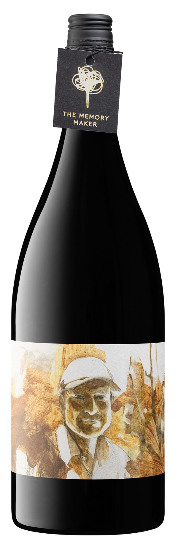 Wine bottle with a label featuring a person and landscape on a white background