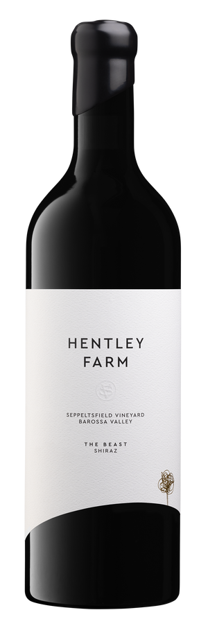 Wine bottle with 'Hentley Farm' label on a white background